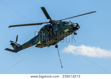 Berlin / Germany - June 28, 2018:  German Military Transport Helicopter, Nh 90 Flies On Airfield In 