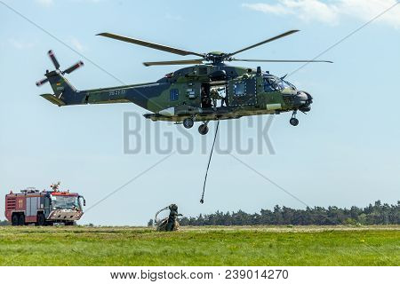 Berlin / Germany - June 28, 2018:  German Military Transport Helicopter, Nh 90 Flies On Airfield In 
