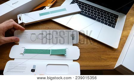 Paris, France - Apr 24, 2018: New Apple Watch Series 3 Smartwatch Change Strap To The New 42mm Marin