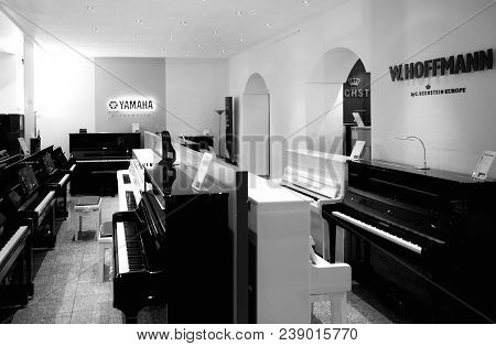 Trier, Germany - Feb 21, 2015: Luxury Piano Shop Musical Instrument Store Selling Exclusive Pianos A