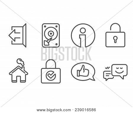Set Of Password Encryption, Lock And Feedback Icons. Hdd, Sign Out And Happy Emotion Signs. Protecti