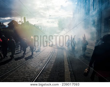 Strasbourg, France - Sep 12, 2018: Smoke Grenade Thrown By Black Blocs During French Nationwide Day 