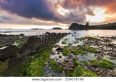Sunset Aramar Beach In Antromero, Luanco. Asturias