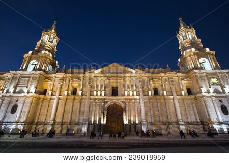 AREQUIPA PERU NOVEMBER 9: Main square of Arequipa with church on november 9 2015 in Arequipa Peru. Arequipa's Plaza de Armas is one of the most beautiful in Peru.