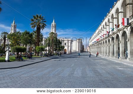 AREQUIPA PERU NOVEMBER 9: Main square of Arequipa with church on november 9 2015 in Arequipa Peru. Arequipa's Plaza de Armas is one of the most beautiful in Peru.