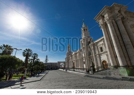 AREQUIPA PERU NOVEMBER 9: Main square of Arequipa with church on november 9 2015 in Arequipa Peru. Arequipa's Plaza de Armas is one of the most beautiful in Peru.