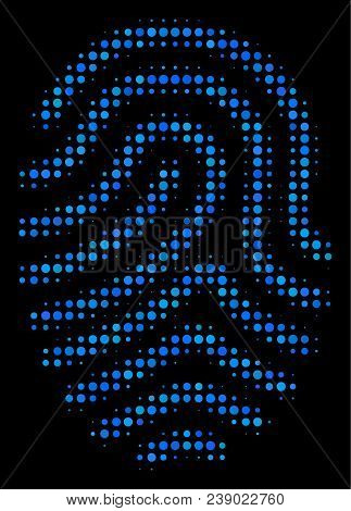 Fingerprint Halftone Vector Icon. Illustration Style Is Pixelated Iconic Fingerprint Symbol On A Bla
