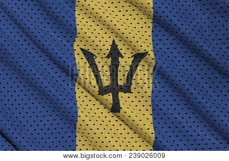 Barbados Flag Printed On A Polyester Nylon Sportswear Mesh Fabric With Some Folds