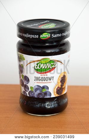 Pruszcz Gdanski, Poland - April 7, 2018: Lowicz Blueberry Jam In A Glass Jar On Wooden Table.
