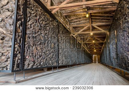 Lublin, Poland - April 14, 2018: Exhibit Of Shoes At Majdanek Concentration Camp.
