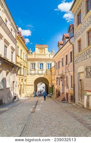 Lublin, Poland - April 14, 2018: View For Gate On Grodzka Street In Old Town Of Lublin.