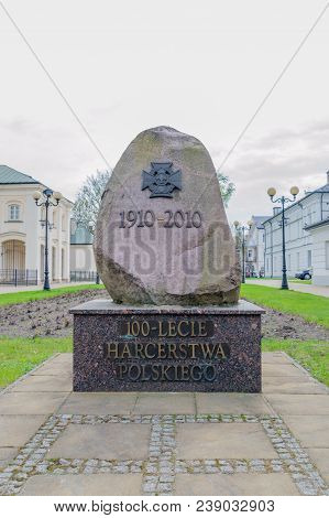 Siedlce, Poland - April 16, 2018: Stone For 100 Anniversary Of Polish Scouting.