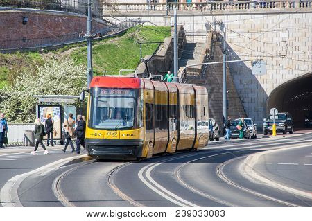 Warsaw, Poland - April 20, 2018: Tram In Warsaw At Stare Miasto Tram Stop.