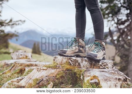 Close up of female classic leather hiking boots wearing by woman standing on stump in mountains - travel and outdoor activities concept