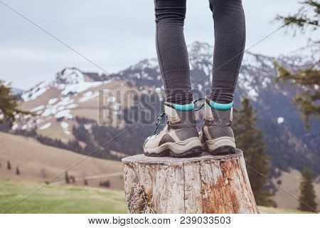 Close up of female classic leather hiking boots wearing by woman standing on stump in mountains - travel and outdoor activities concept