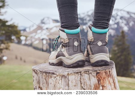 Close up of female classic leather hiking boots wearing by woman standing on stump in mountains - travel and outdoor activities concept