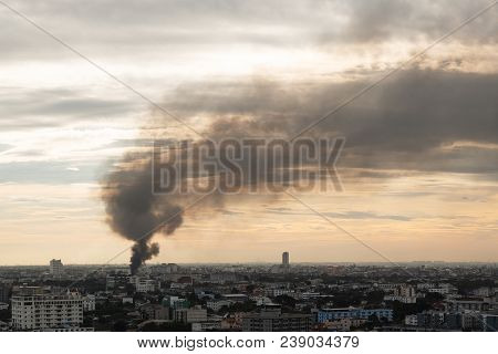 Bangkok, Thailand - November 23, 2017: View On Town And Big Fire. Black Smoke Is In The Sky