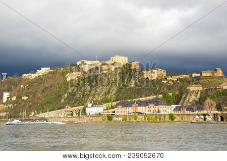 Koblenz, Germany - February 21, 2016: Fortress Ehrenbreitstein As Seen From Koblenz, A City Situated