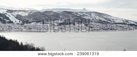 Panorama Norway Ankenes, Seen From Narvik Side Of The Bay, On A Winter Day, Lot Of Houses At The Mou