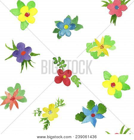Seamless Pattern Of Watercolor Simlpe Flat Flowers. Primitive Flowers For Design. Bright Watercolor 
