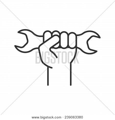 Hand Holding Wrench Linear Icon. Thin Line Illustration. Double Open Ended Spanner. Contour Symbol. 