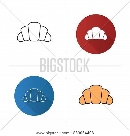Croissant Icon. Flat Design, Linear And Color Styles. Crescent Roll. Isolated Vector Illustrations