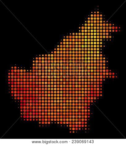 Pixelated Fire Borneo Island Map. Vector Geographic Plan In Fire Color Tones On A Black Background. 