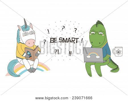 Hand Drawn Vector Illustration Of A Cute Funny Cartoon Unicorn Reading A Book, Dragon In Glasses, Ho