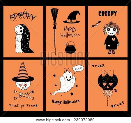 Set Of Hand Drawn Templates For Halloween Greeting Cards, Invitations, Posters, In Orange, Black And