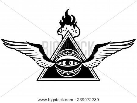 Graphic Winged All-seeing Eye With Black Falming Triangle On Background. Vector Art For Old School T