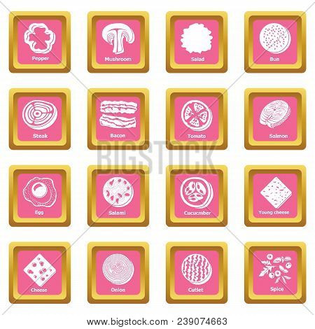 Slice Food Icons Set Vector Pink Square Isolated On White Background
