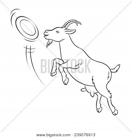 Goat Catches Frisbee Flying Disc Coloring Vector Illustration. Comic Book Style Imitation.