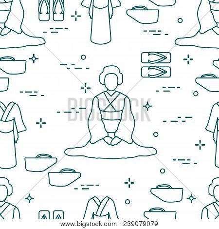 Seamless Pattern With Asian Woman, Traditional Japanese Clothing, Shoes. Travel And Leisure.