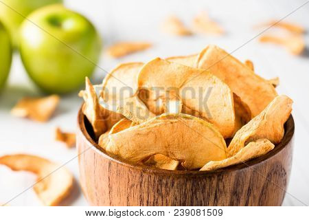 Dried Apples In A Wooden Bowl Ripe Green Apples On The Table