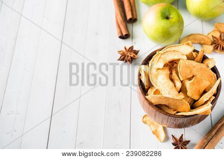 Dried Apples In A Wooden Bowl Ripe Green Apples On The Table Copy Space