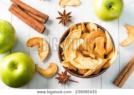 Dried Apples In A Wooden Bowl Ripe Green Apples On The Table