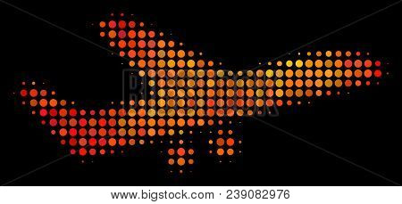 Pixel Aiplane Icon. Bright Pictogram In Hot Color Variations On A Black Background. Vector Halftone 