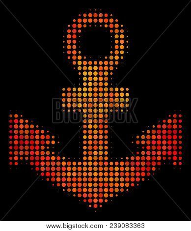 Pixelated Anchor Icon. Bright Pictogram In Orange Color Hues On A Black Background. Vector Halftone 