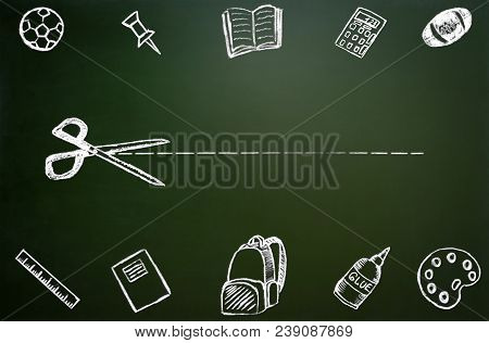 Back To School. School Icons On Chalkboard In The Form Of A Frame