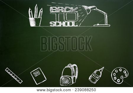 Back To School. School Icons On Chalkboard In The Form Of A Frame