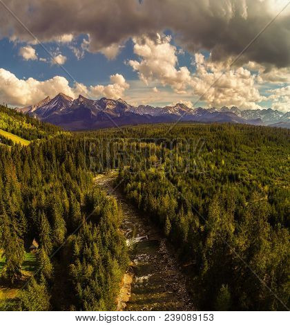 Aerial View Of High Tatra Mountains And Bialka River At The Border Between Slovakia And Poland.