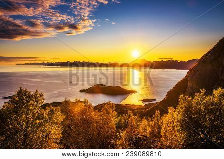 Sunset Over The Mountains And The Sea Of Lofoten Islands In Norway Seen From The Trail To The Festva