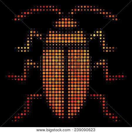 Dotted Cucaracha Icon. Bright Pictogram In Orange Color Tinges On A Black Background. Vector Halfton