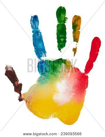 Multicolored Fingerprint Of The Right Hand, Photo On White Background. The Palm Print Real Hand Goua