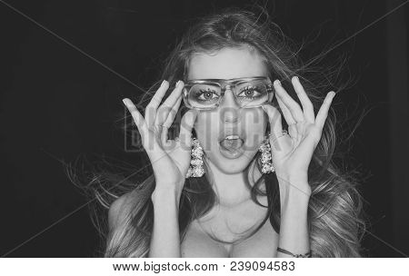 Optics Store Concept. Girl Short Sightedness Needs Modern Eyeglasses. Woman With Surprised Face Wear