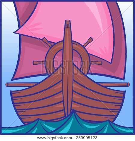 Icon Depicting A Sailing Ship In The Sea On The Waves. Prow Of A Ship, The Steering Wheel, Pink Sail