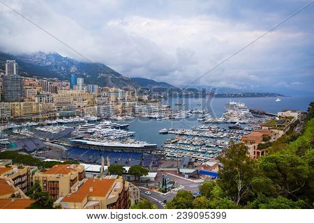 Monaco, Panoramic View Of Port De Fontvieille. French Riviera, Azur Coast. Bay With A Lot Of Luxury 