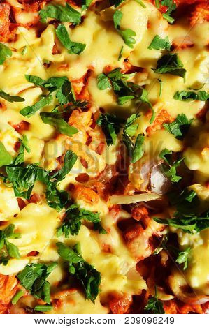 Background Pizza With Cheese Sausage Ketchup Tomatoes