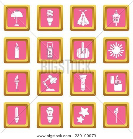 Light Source Icons Set Vector Pink Square Isolated On White Background