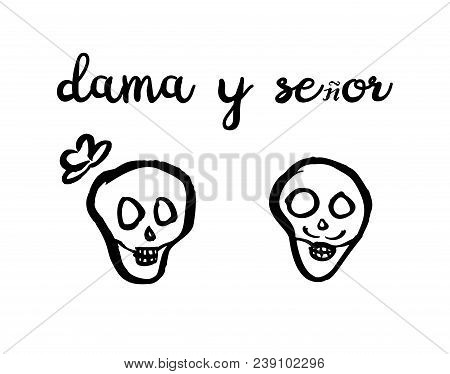 Man And Woman Cartoon Skulls. Mexican Dia De Los Muertos Illustration
